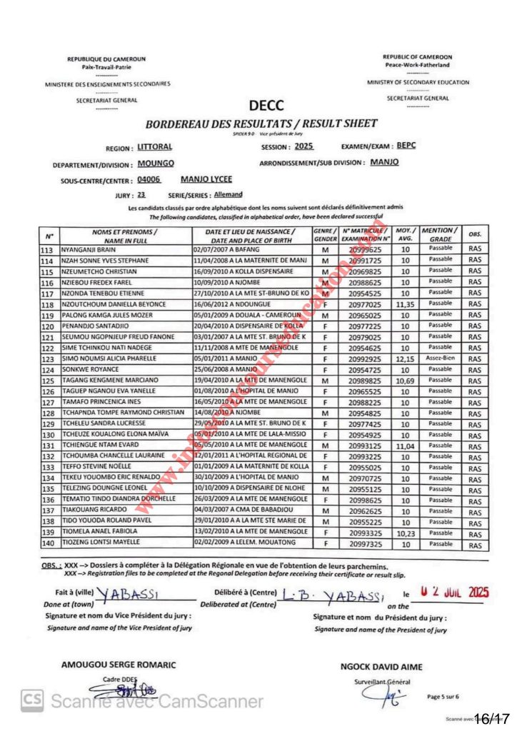 Résultats BEPC 2025 lycée de Manjo