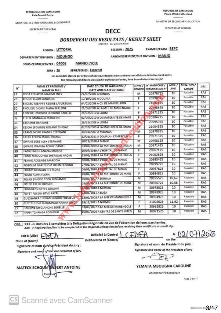 Résultats BEPC 2025 lycée de Manjo