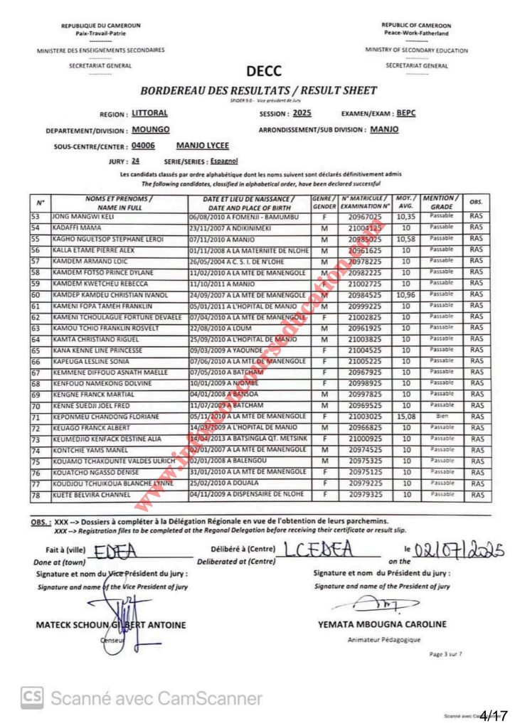 Résultats BEPC 2025 lycée de Manjo