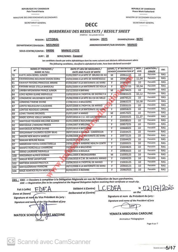 Résultats BEPC 2025 lycée de Manjo