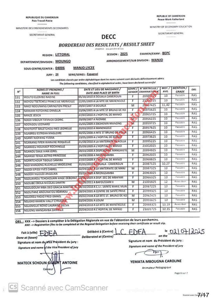 Résultats BEPC 2025 lycée de Manjo