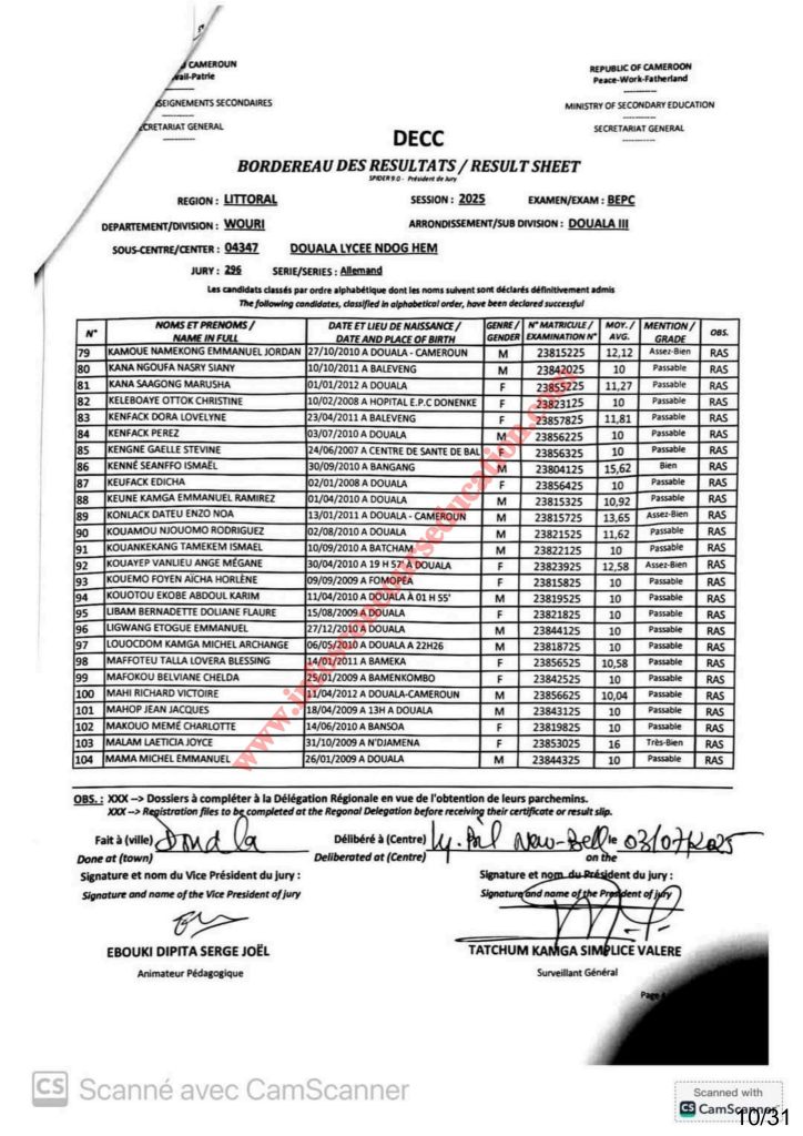 Résultats BEPC bilingue littoral 2025 Sous-centre lycée de NDOG HEM 29 Résultats BEPC bilingue littoral 2025 Sous-centre lycée de NDOG HEM
