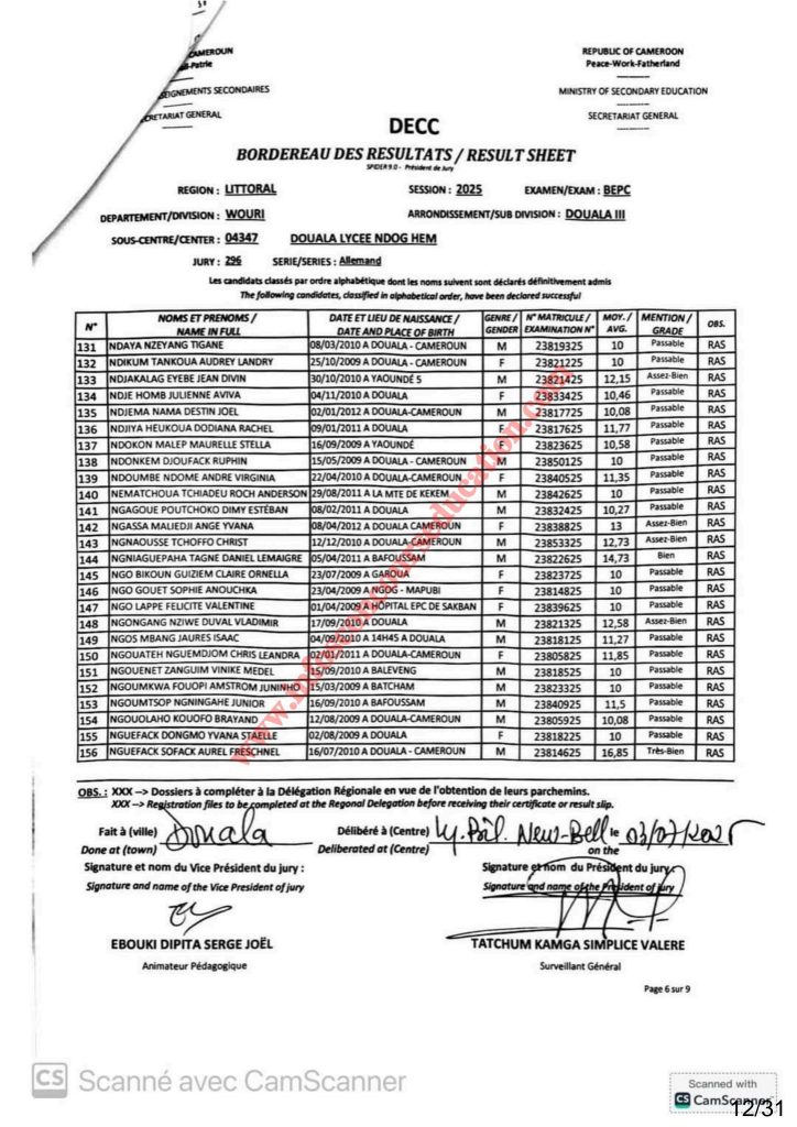 Résultats BEPC bilingue littoral 2025 Sous-centre lycée de NDOG HEM 27 Résultats BEPC bilingue littoral 2025 Sous-centre lycée de NDOG HEM