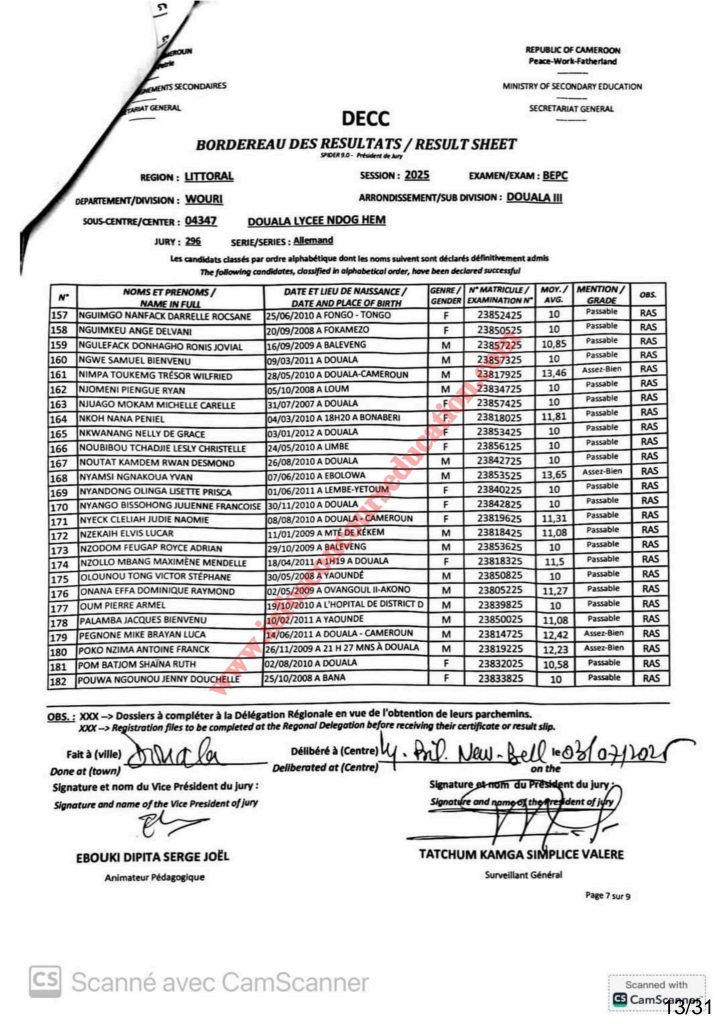 Résultats BEPC bilingue littoral 2025 Sous-centre lycée de NDOG HEM 26 Résultats BEPC bilingue littoral 2025 Sous-centre lycée de NDOG HEM