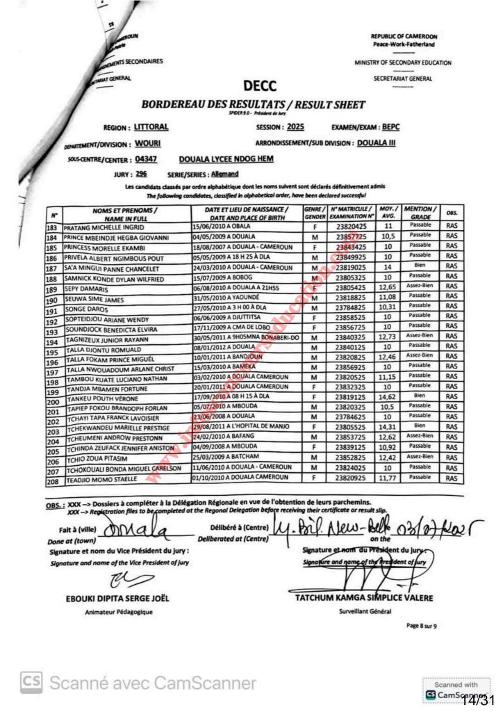 Résultats BEPC bilingue littoral 2025 Sous-centre lycée de NDOG HEM 25 Résultats BEPC bilingue littoral 2025 Sous-centre lycée de NDOG HEM