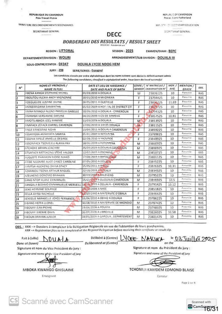 Résultats BEPC bilingue littoral 2025 Sous-centre lycée de NDOG HEM 23 Résultats BEPC bilingue littoral 2025 Sous-centre lycée de NDOG HEM