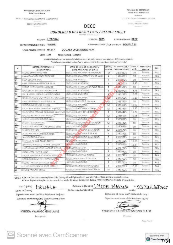 Résultats BEPC bilingue littoral 2025 Sous-centre lycée de NDOG HEM 22 Résultats BEPC bilingue littoral 2025 Sous-centre lycée de NDOG HEM