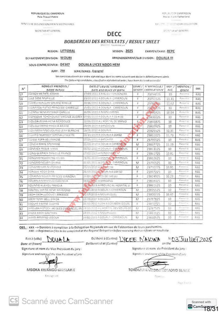 Résultats BEPC bilingue littoral 2025 Sous-centre lycée de NDOG HEM 21 Résultats BEPC bilingue littoral 2025 Sous-centre lycée de NDOG HEM