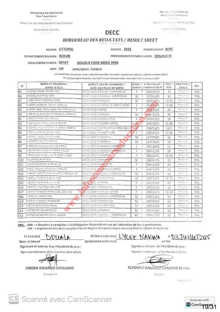 Résultats BEPC bilingue littoral 2025 Sous-centre lycée de NDOG HEM 20 Résultats BEPC bilingue littoral 2025 Sous-centre lycée de NDOG HEM
