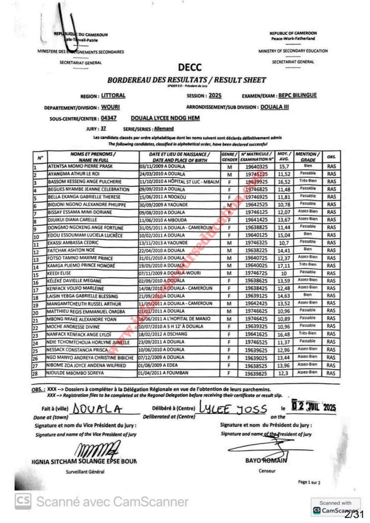 Résultats BEPC bilingue littoral 2025 Sous-centre lycée de NDOG HEM 7 Résultats BEPC bilingue littoral 2025 Sous-centre lycée de NDOG HEM