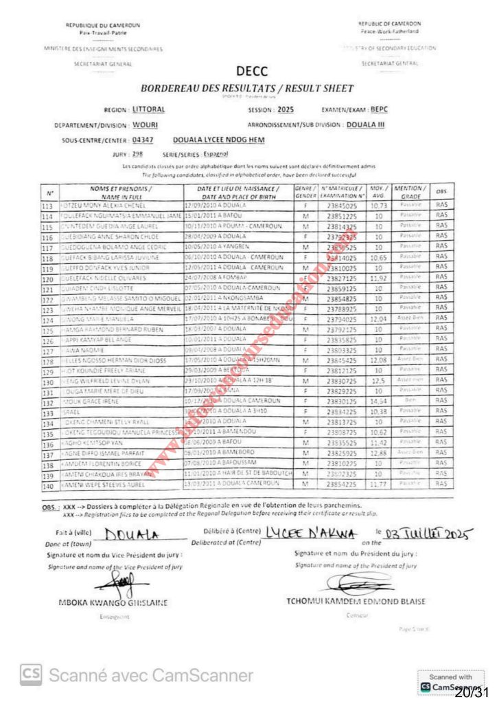 Résultats BEPC bilingue littoral 2025 Sous-centre lycée de NDOG HEM 19 Résultats BEPC bilingue littoral 2025 Sous-centre lycée de NDOG HEM
