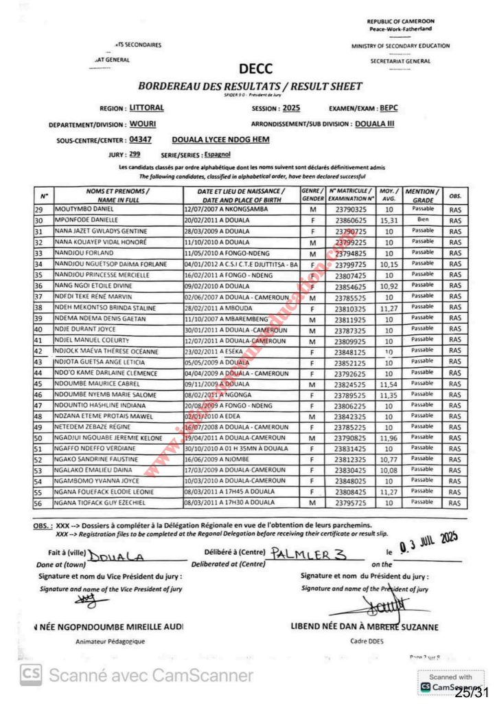 Résultats BEPC bilingue littoral 2025 Sous-centre lycée de NDOG HEM 14 Résultats BEPC bilingue littoral 2025 Sous-centre lycée de NDOG HEM