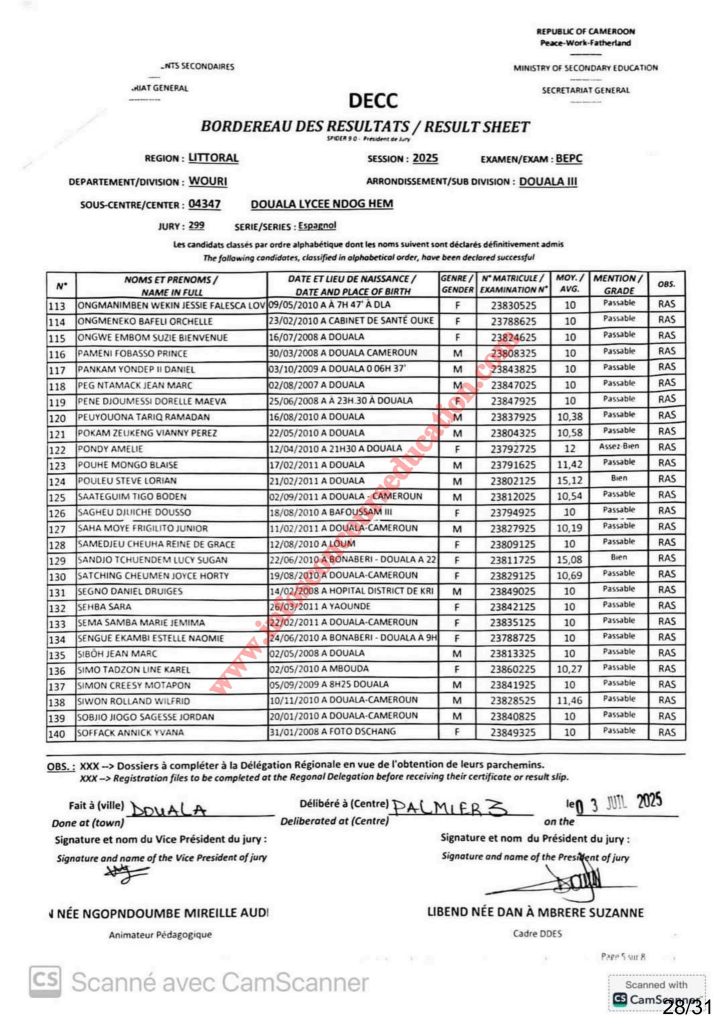 Résultats BEPC bilingue littoral 2025 Sous-centre lycée de NDOG HEM 11 Résultats BEPC bilingue littoral 2025 Sous-centre lycée de NDOG HEM