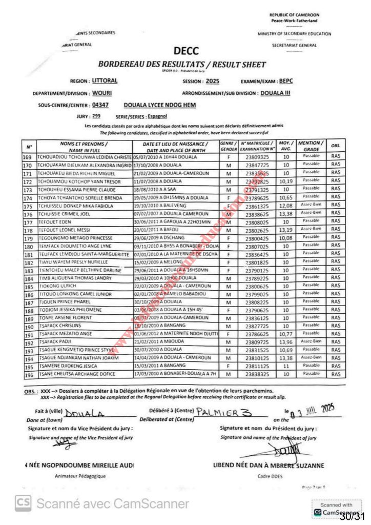 Résultats BEPC bilingue littoral 2025 Sous-centre lycée de NDOG HEM 9 Résultats BEPC bilingue littoral 2025 Sous-centre lycée de NDOG HEM