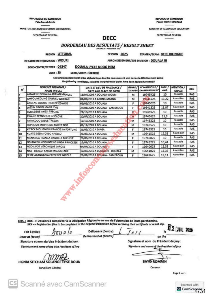Résultats BEPC bilingue littoral 2025 Sous-centre lycée de NDOG HEM 5 Résultats BEPC bilingue littoral 2025 Sous-centre lycée de NDOG HEM