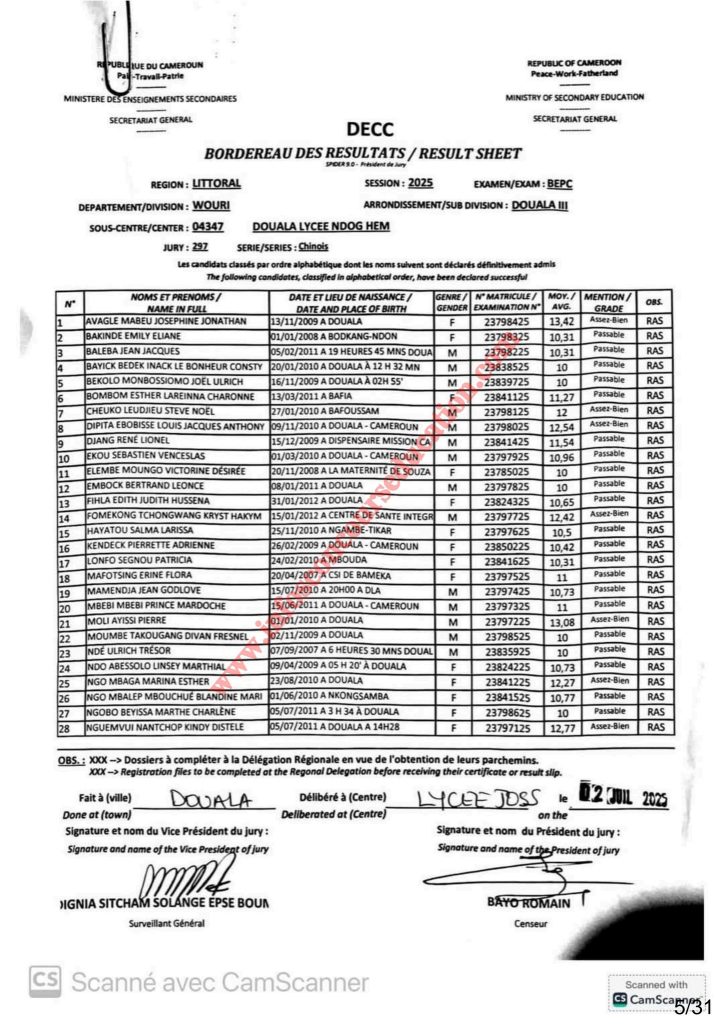Résultats BEPC bilingue littoral 2025 Sous-centre lycée de NDOG HEM 4 Résultats BEPC bilingue littoral 2025 Sous-centre lycée de NDOG HEM