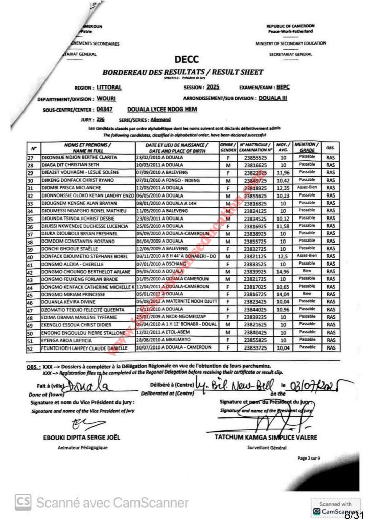 Résultats BEPC bilingue littoral 2025 Sous-centre lycée de NDOG HEM 31 Résultats BEPC bilingue littoral 2025 Sous-centre lycée de NDOG HEM