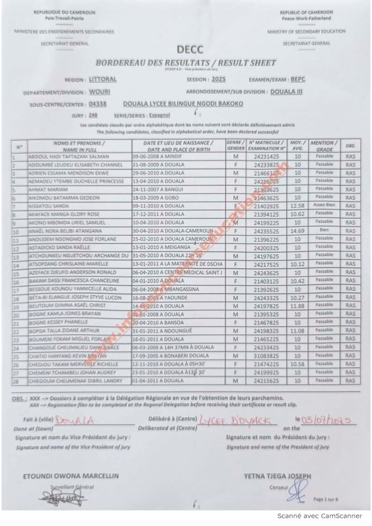 Résultats BEPC littoral 2025 Lycée bilingue NGODI BAKOKO 23 Résultats BEPC littoral 2025 Lycée bilingue NGODI BAKOKO