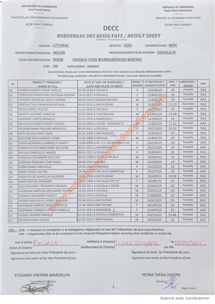 Résultats BEPC littoral 2025 Lycée bilingue NGODI BAKOKO 22 Résultats BEPC littoral 2025 Lycée bilingue NGODI BAKOKO