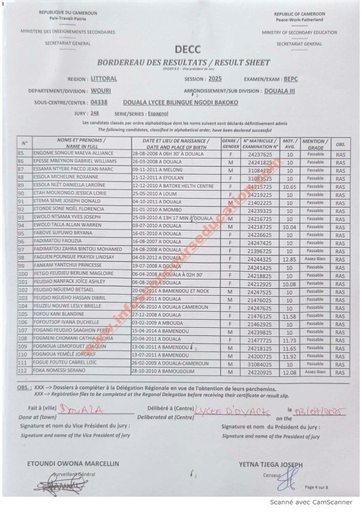 Résultats BEPC littoral 2025 Lycée bilingue NGODI BAKOKO 20 Résultats BEPC littoral 2025 Lycée bilingue NGODI BAKOKO