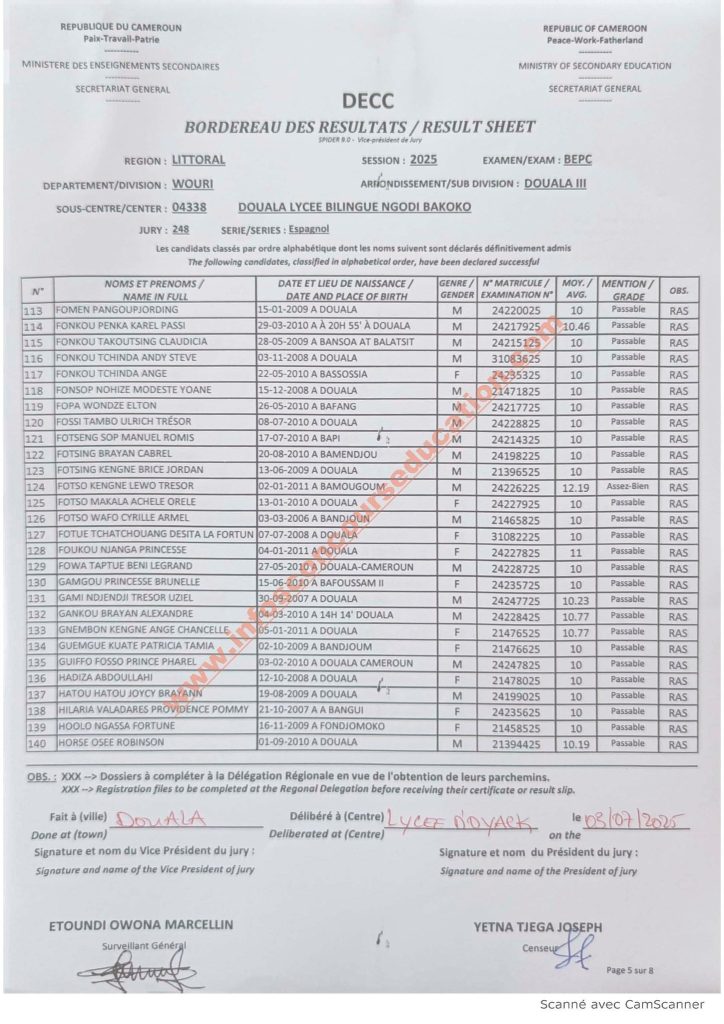 Résultats BEPC littoral 2025 Lycée bilingue NGODI BAKOKO 19 Résultats BEPC littoral 2025 Lycée bilingue NGODI BAKOKO