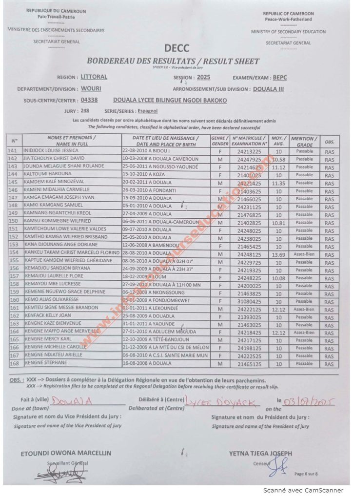 Résultats BEPC littoral 2025 Lycée bilingue NGODI BAKOKO 18 Résultats BEPC littoral 2025 Lycée bilingue NGODI BAKOKO