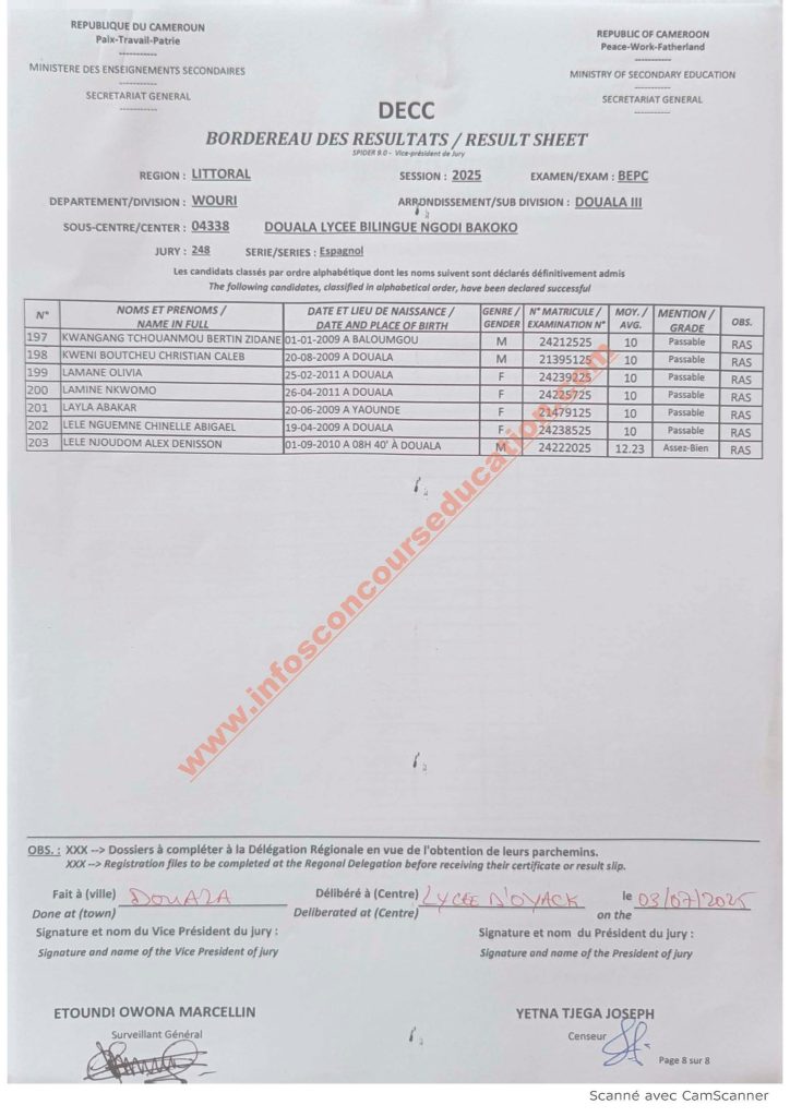 Résultats BEPC littoral 2025 Lycée bilingue NGODI BAKOKO 16 Résultats BEPC littoral 2025 Lycée bilingue NGODI BAKOKO