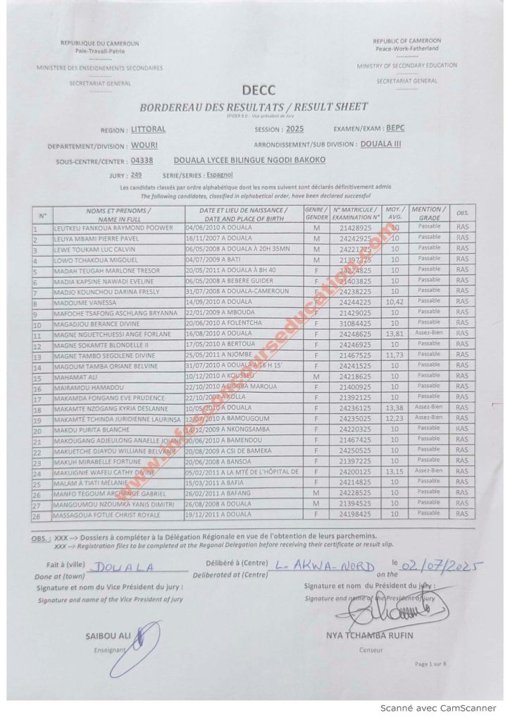 Résultats BEPC littoral 2025 Lycée bilingue NGODI BAKOKO 15 Résultats BEPC littoral 2025 Lycée bilingue NGODI BAKOKO