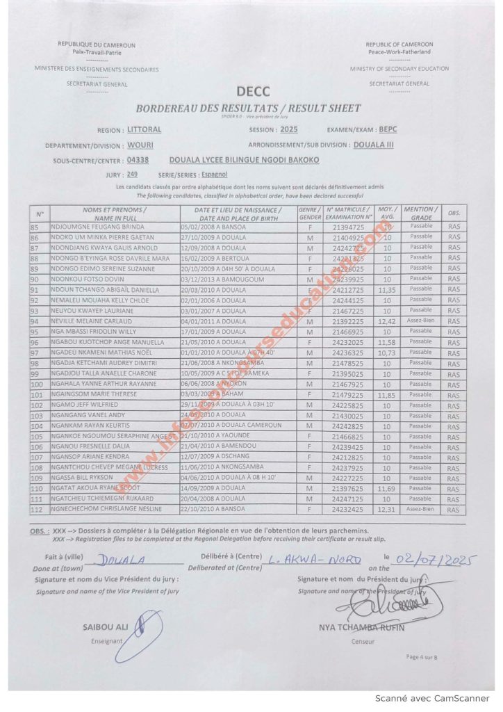 Résultats BEPC littoral 2025 Lycée bilingue NGODI BAKOKO 12 Résultats BEPC littoral 2025 Lycée bilingue NGODI BAKOKO