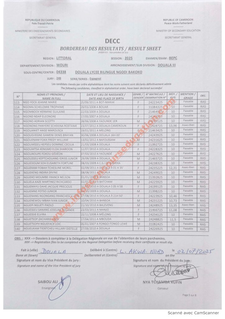 Résultats BEPC littoral 2025 Lycée bilingue NGODI BAKOKO 11 Résultats BEPC littoral 2025 Lycée bilingue NGODI BAKOKO