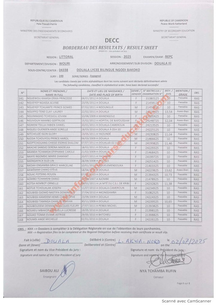 Résultats BEPC littoral 2025 Lycée bilingue NGODI BAKOKO 10 Résultats BEPC littoral 2025 Lycée bilingue NGODI BAKOKO