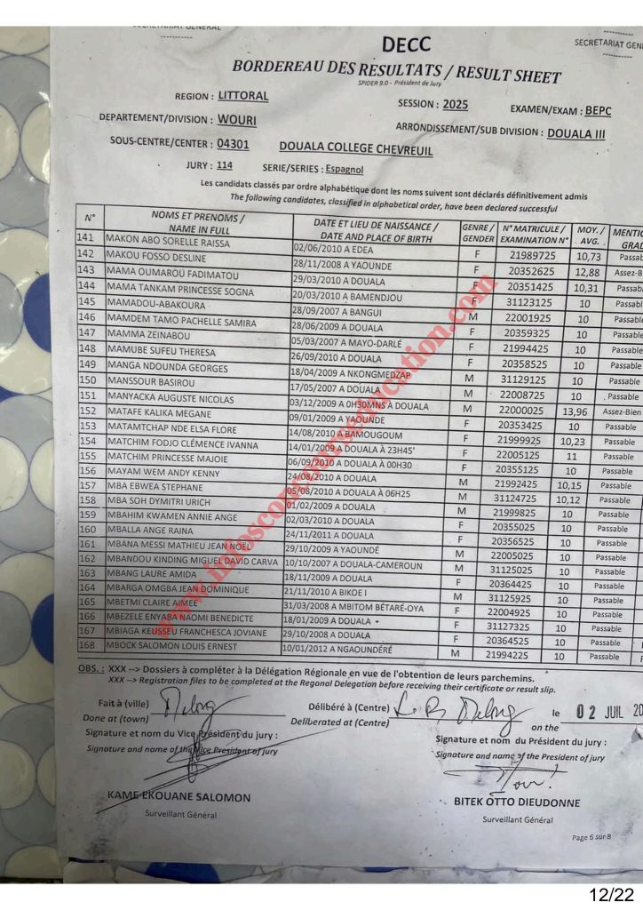 Résultats BEPC littoral 2025 Collège Chevreuil 6 Résultats BEPC littoral 2025 Collège Chevreuil