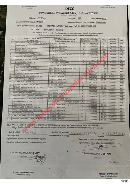 Résultats BEPC littoral 2025 Institut polyvalent bilingue WISDOM 6 Résultats BEPC littoral 2025 Institut polyvalent bilingue WISDOM