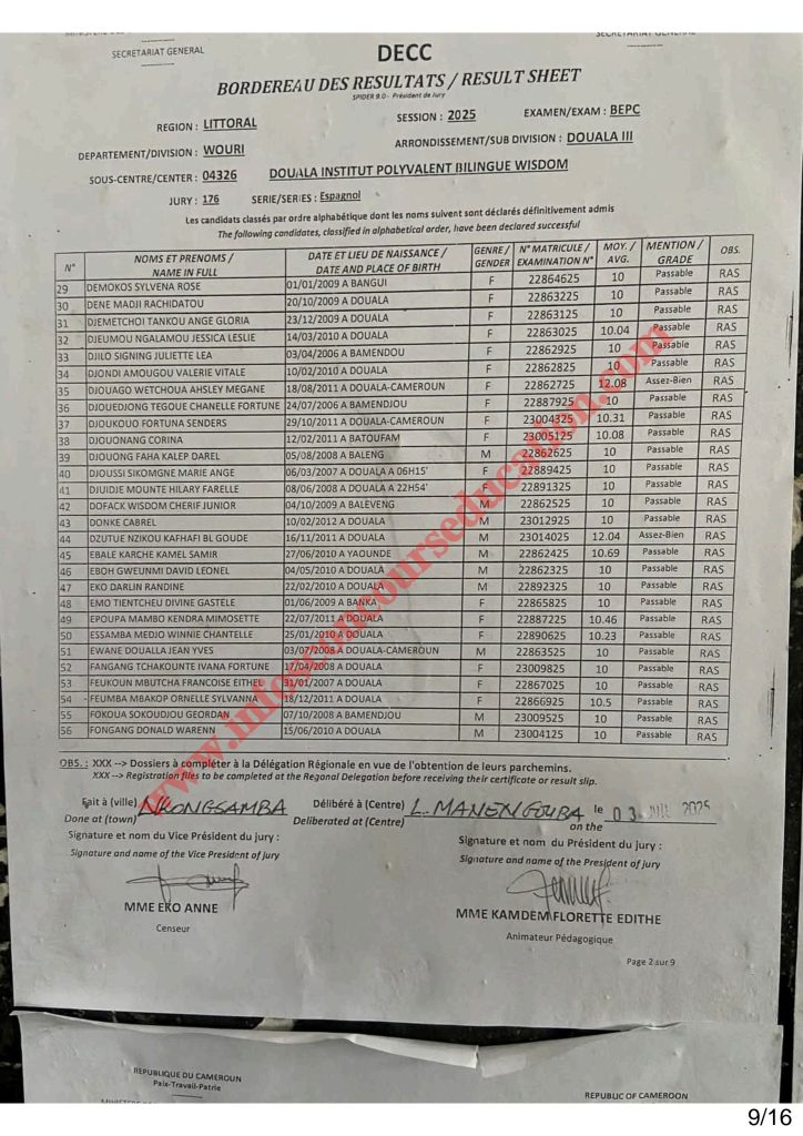 Résultats BEPC littoral 2025 Institut polyvalent bilingue WISDOM 14 Résultats BEPC littoral 2025 Institut polyvalent bilingue WISDOM
