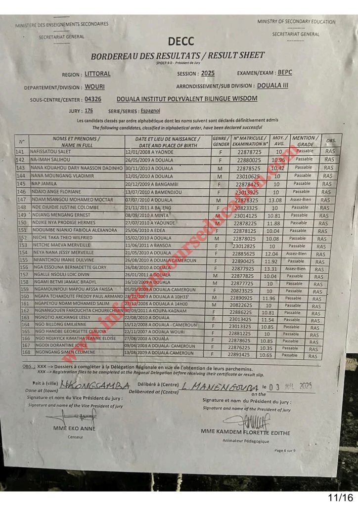 Résultats BEPC littoral 2025 Institut polyvalent bilingue WISDOM 12 Résultats BEPC littoral 2025 Institut polyvalent bilingue WISDOM