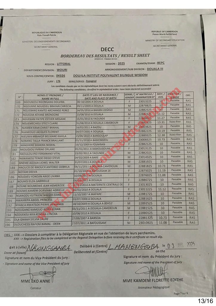 Résultats BEPC littoral 2025 Institut polyvalent bilingue WISDOM 10 Résultats BEPC littoral 2025 Institut polyvalent bilingue WISDOM