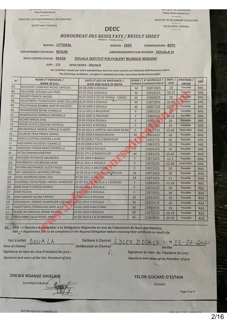 Résultats BEPC littoral 2025 Institut polyvalent bilingue WISDOM 5 Résultats BEPC littoral 2025 Institut polyvalent bilingue WISDOM