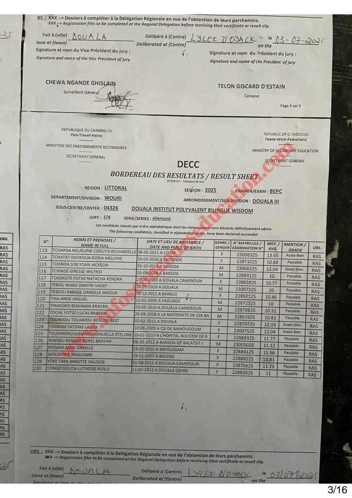 Résultats BEPC littoral 2025 Institut polyvalent bilingue WISDOM 4 Résultats BEPC littoral 2025 Institut polyvalent bilingue WISDOM