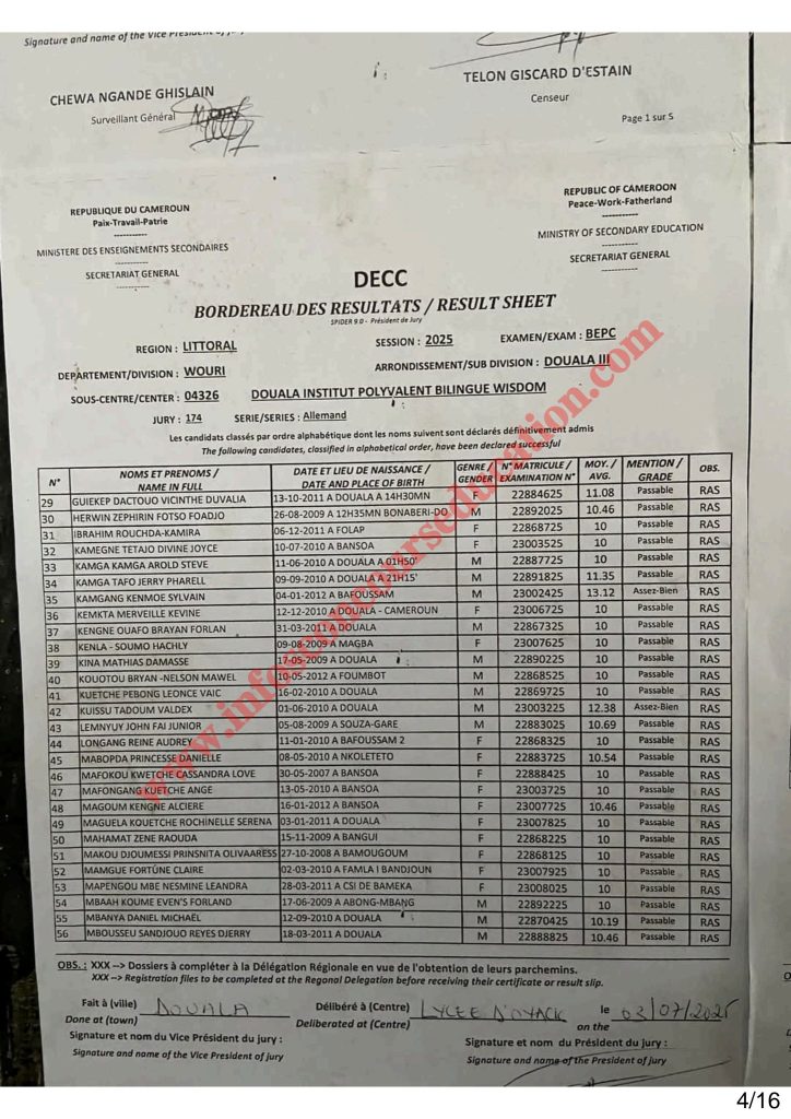 Résultats BEPC littoral 2025 Institut polyvalent bilingue WISDOM 3 Résultats BEPC littoral 2025 Institut polyvalent bilingue WISDOM