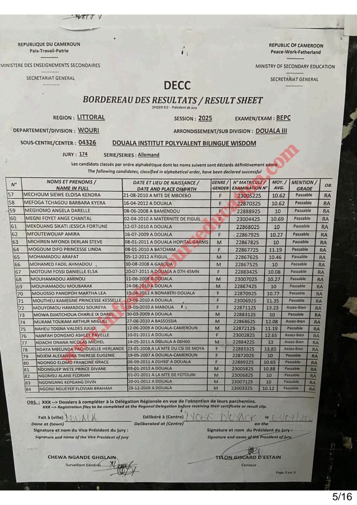 Résultats BEPC littoral 2025 Institut polyvalent bilingue WISDOM 2 Résultats BEPC littoral 2025 Institut polyvalent bilingue WISDOM