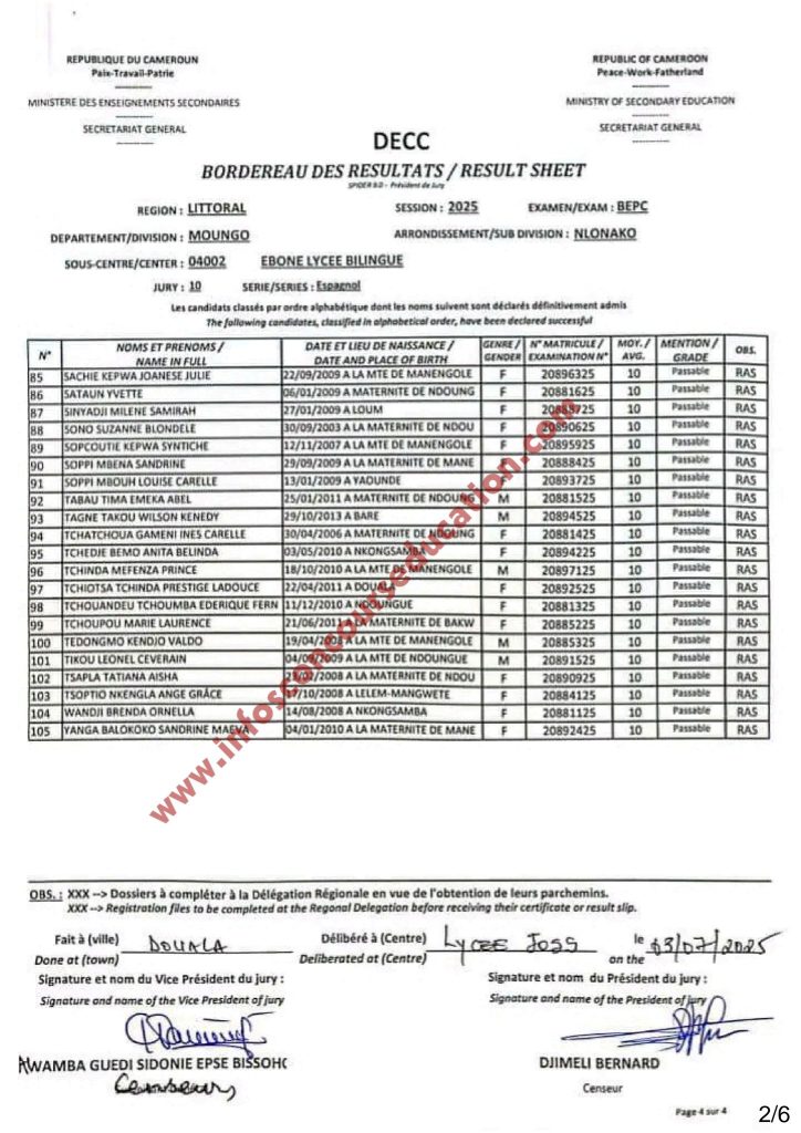 Résultats BEPC 2025 littoral lycée bilingue Ebone Mungo 4 Résultats BEPC 2025 littoral lycée bilingue Ebone Mungo