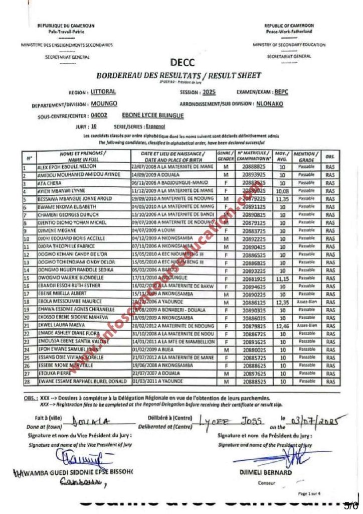 Résultats BEPC 2025 littoral lycée bilingue Ebone Mungo 7 Résultats BEPC 2025 littoral lycée bilingue Ebone Mungo