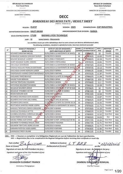 Résultats CAP IND & STT 2025 Sous-centre du Lycée Technique de Bafang 19 Résultats CAP IND & STT 2025 Sous-centre du Lycée Technique de Bafang