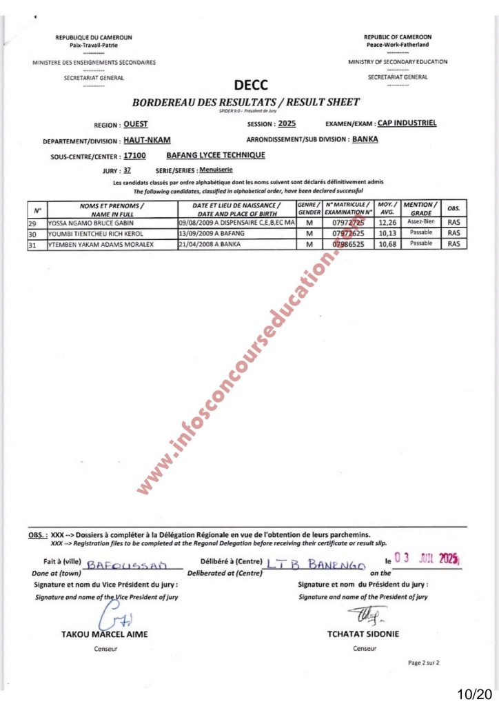 Résultats CAP IND & STT 2025 Sous-centre du Lycée Technique de Bafang 10 Résultats CAP IND & STT 2025 Sous-centre du Lycée Technique de Bafang