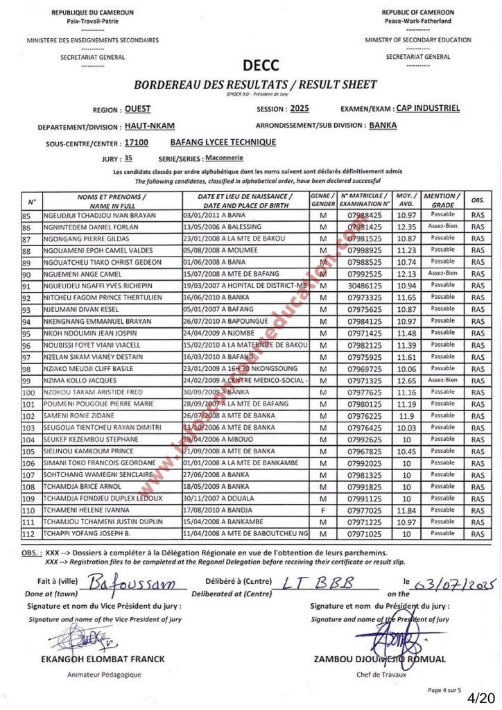 Résultats CAP IND & STT 2025 Sous-centre du Lycée Technique de Bafang 16 Résultats CAP IND & STT 2025 Sous-centre du Lycée Technique de Bafang