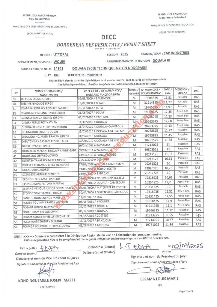 Résultats CAP IND littoral 2025 Lycée technique NDOGPASSI 26 Résultats CAP IND littoral 2025 Lycée technique NDOGPASSI