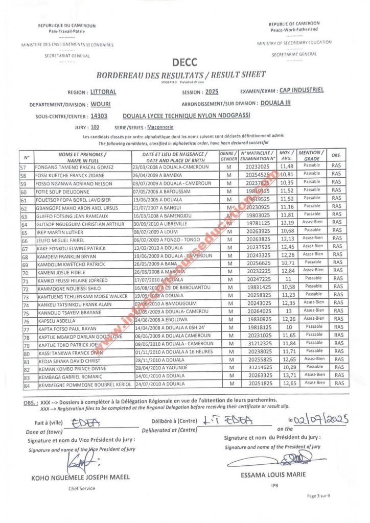 Résultats CAP IND littoral 2025 Lycée technique NDOGPASSI 25 Résultats CAP IND littoral 2025 Lycée technique NDOGPASSI