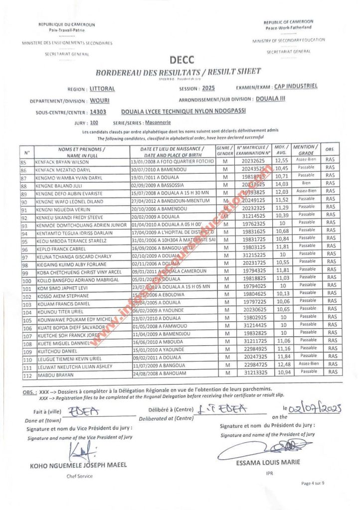 Résultats CAP IND littoral 2025 Lycée technique NDOGPASSI 24 Résultats CAP IND littoral 2025 Lycée technique NDOGPASSI