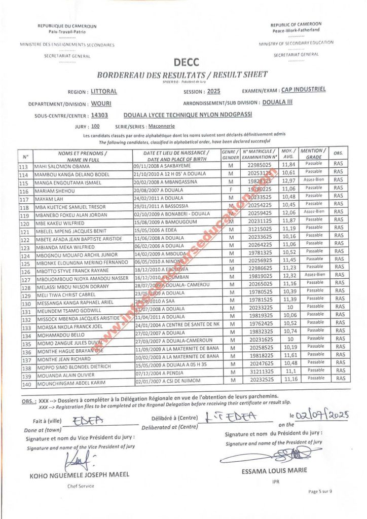 Résultats CAP IND littoral 2025 Lycée technique NDOGPASSI 23 Résultats CAP IND littoral 2025 Lycée technique NDOGPASSI