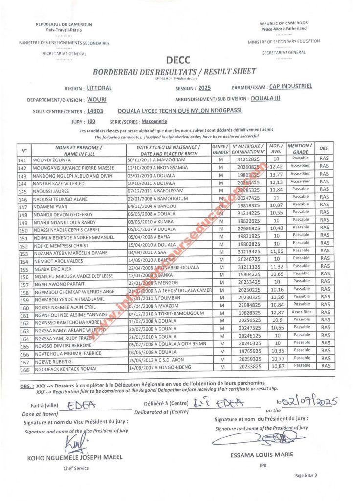 Résultats CAP IND littoral 2025 Lycée technique NDOGPASSI 22 Résultats CAP IND littoral 2025 Lycée technique NDOGPASSI